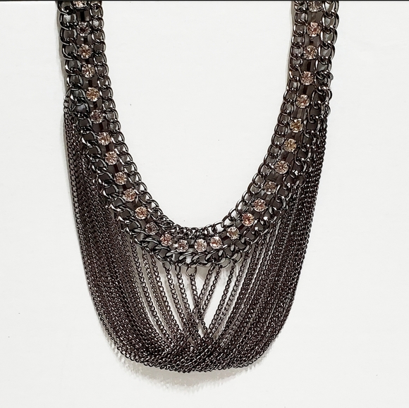 Necklace: Edgy Looking Multi Strand Chain with Crystals Gunmetal Color - Picture 7 of 8